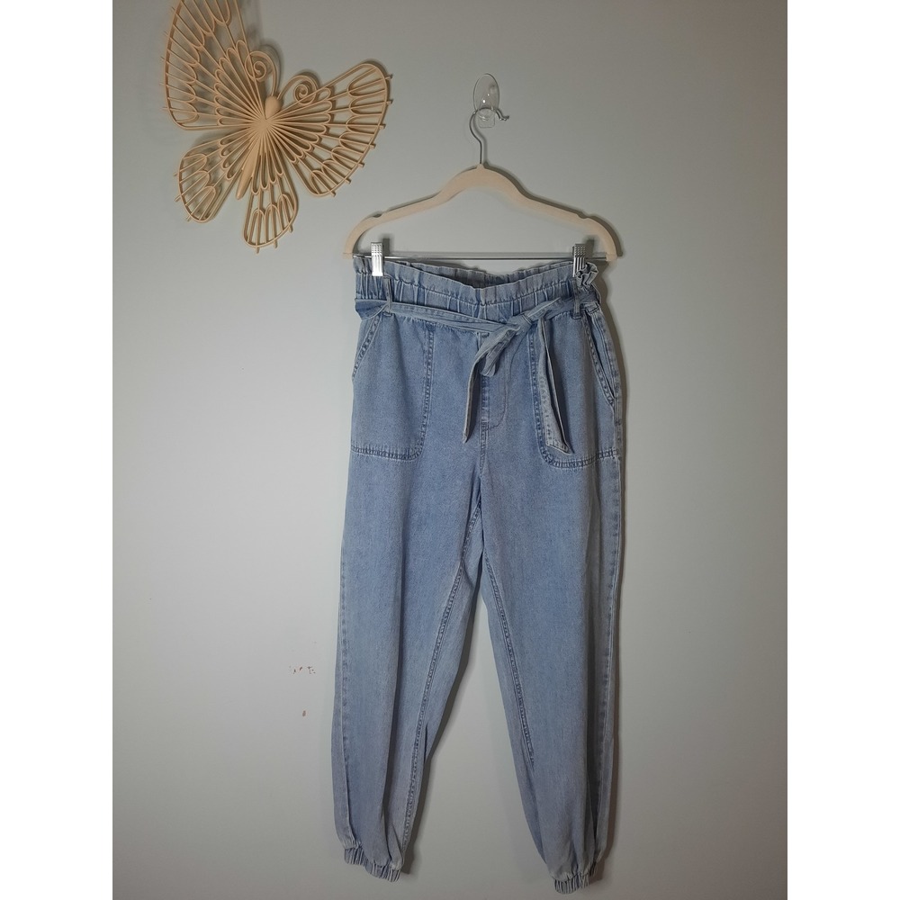 tgla Light Wash Blue Paperbag Waist Denim Joggers Elastic Waist Tie Belt Medium